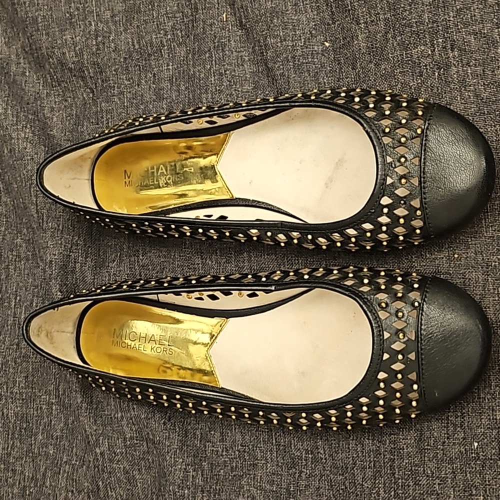 Michael Michael Kors Womens Leather Studded Cut Out Ballet Flats Gold
